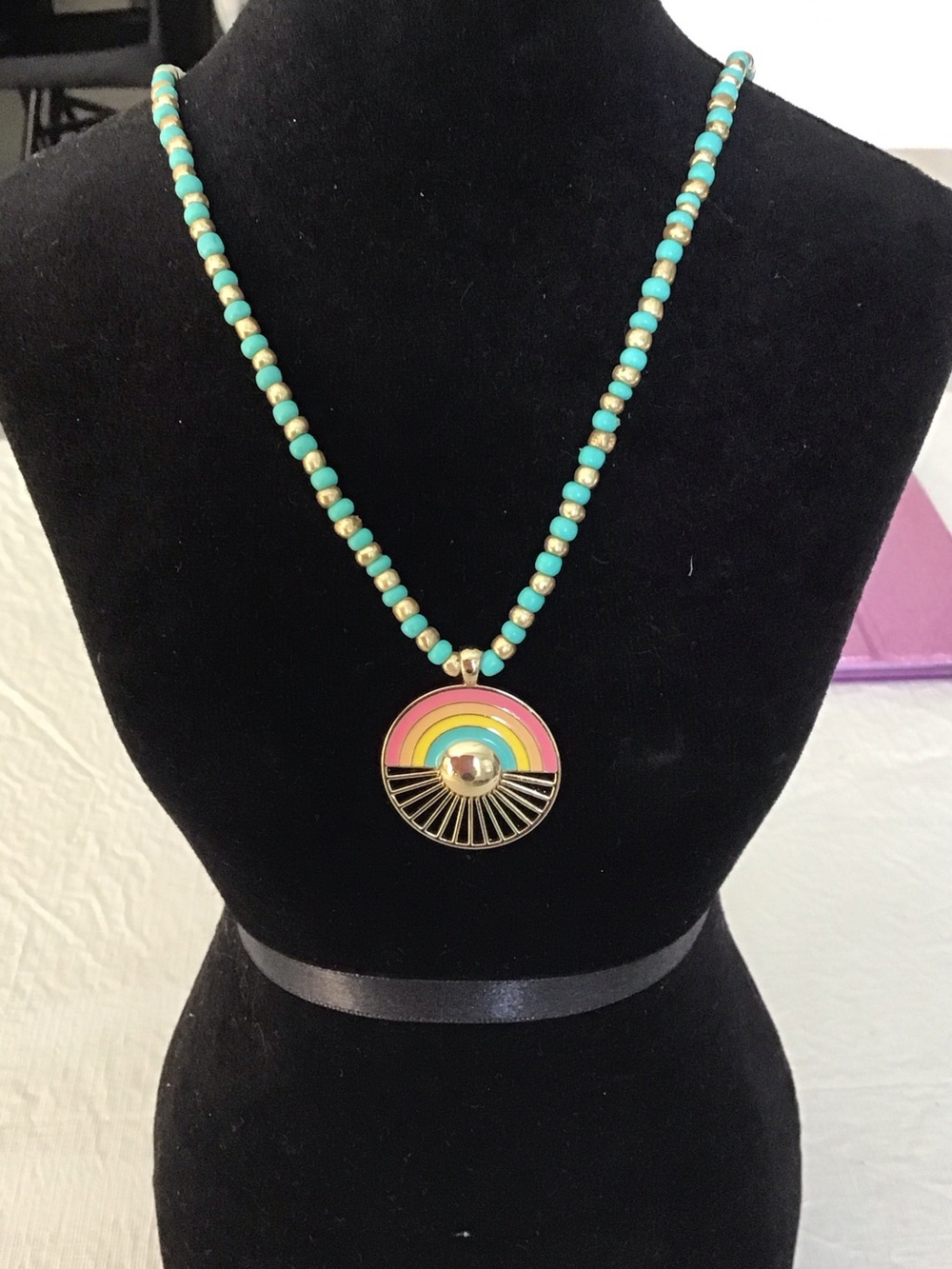 Women necklaces color turquoise and gold. Just slip over your head to ware.